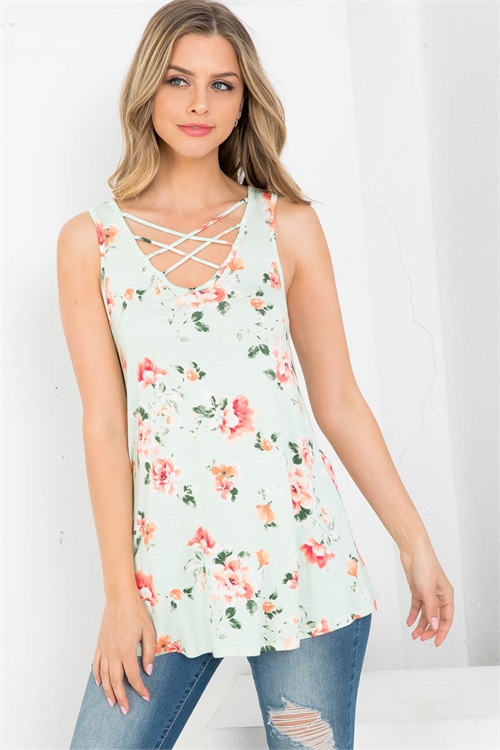 C46-A-1-AD4723 SAGE FLORAL PRINT KEYHOLE FRONT DETAIL SLEEVELESS TOP 2-1-2