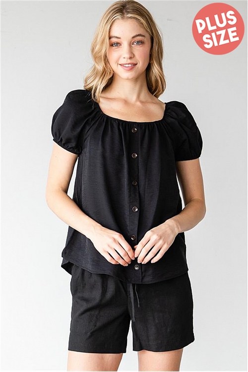 C58-A-2-T5688X-BLACK PLUS SIZE SPRING TIME BUTTON DOWN BLOUSE 2-2-2