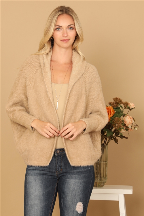 S9-1-3-C0519-TAUPE FLUFFY KNIT DOLMAN SLEEVE HOODIE CARDIGAN 3-3