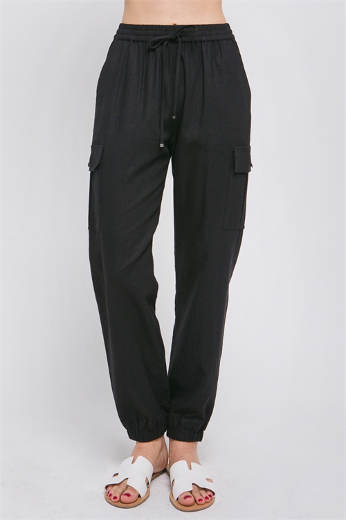 S39-1-1-LT-6518PM-BK - LIGHTWEIGHT LINEN UTILITY JOGGERS- BLACK 2-2-2