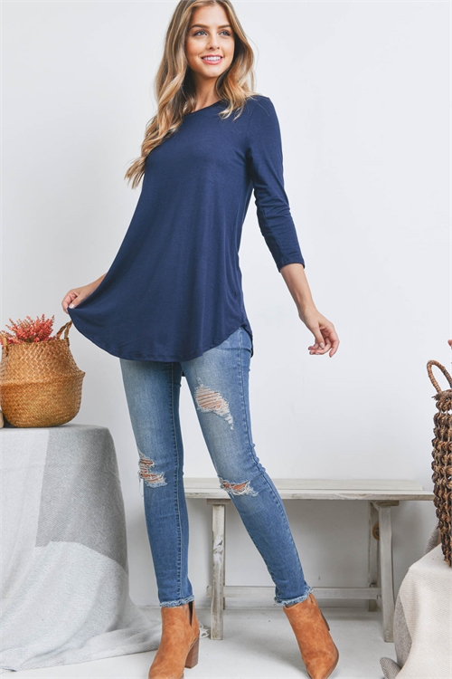 S11-15-5-PPT20688-NV-2 - ROUND NECK QUARTER SLEEVE DOLPHIN HEM TOP ...