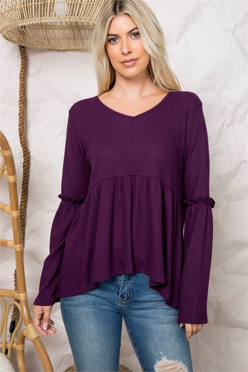 S11-3-2-PPT20717-TRPLM - WIDE SLEEVE ELBOW SHIRRING DETAIL WAFFLE TOP ...