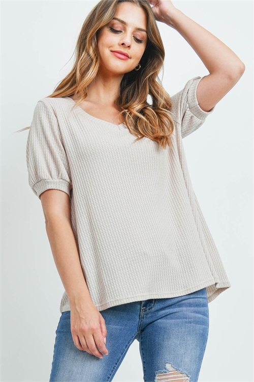 S10-2-1-PPT2196-BG - PUFF SLEEVES V-NECK WAFFLE TOP- BEIGE 1-2-2-2