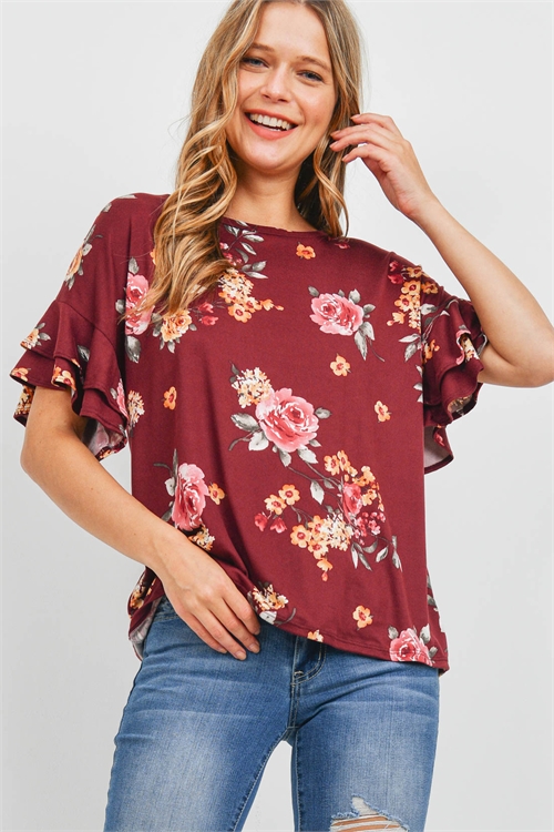 S10-8-2-ppt2203-bu - Ruffle Sleeves Floral Print Top- Burgundy 1-2-2-2